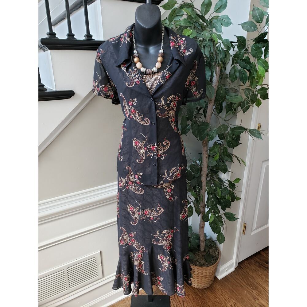 Emma & James 3 Piece Skirt Suit Women Size 14 Black Floral Collar Button Front